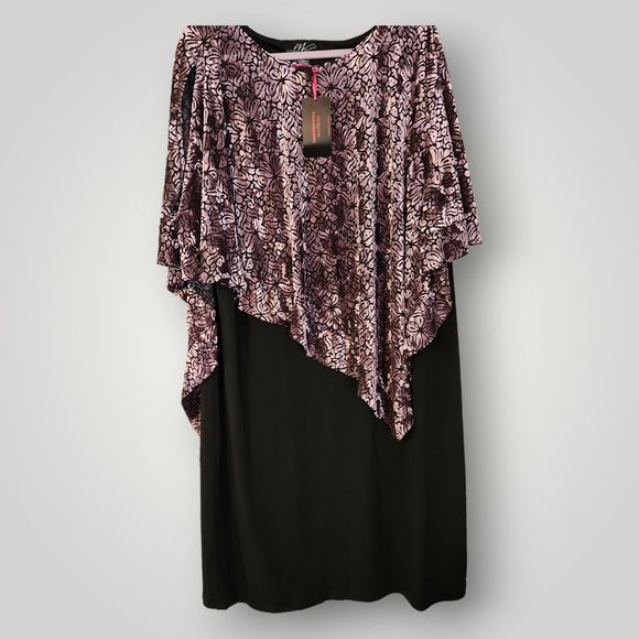NWT Midnight Velvet Women's 20 Black Floral Capelet Overlay Split Sleeve Dress - Picture 2 of 14
